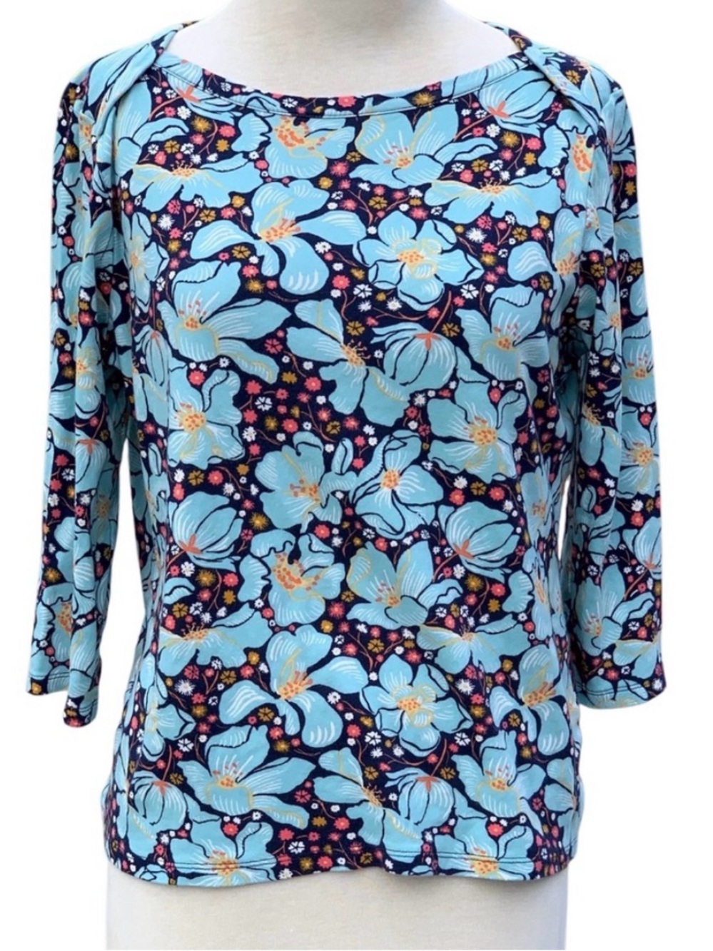 Style & Co. Dark & Light Blue Hawaiian Floral 3/4 Sleeve Pima Cotton Shirt, PL
